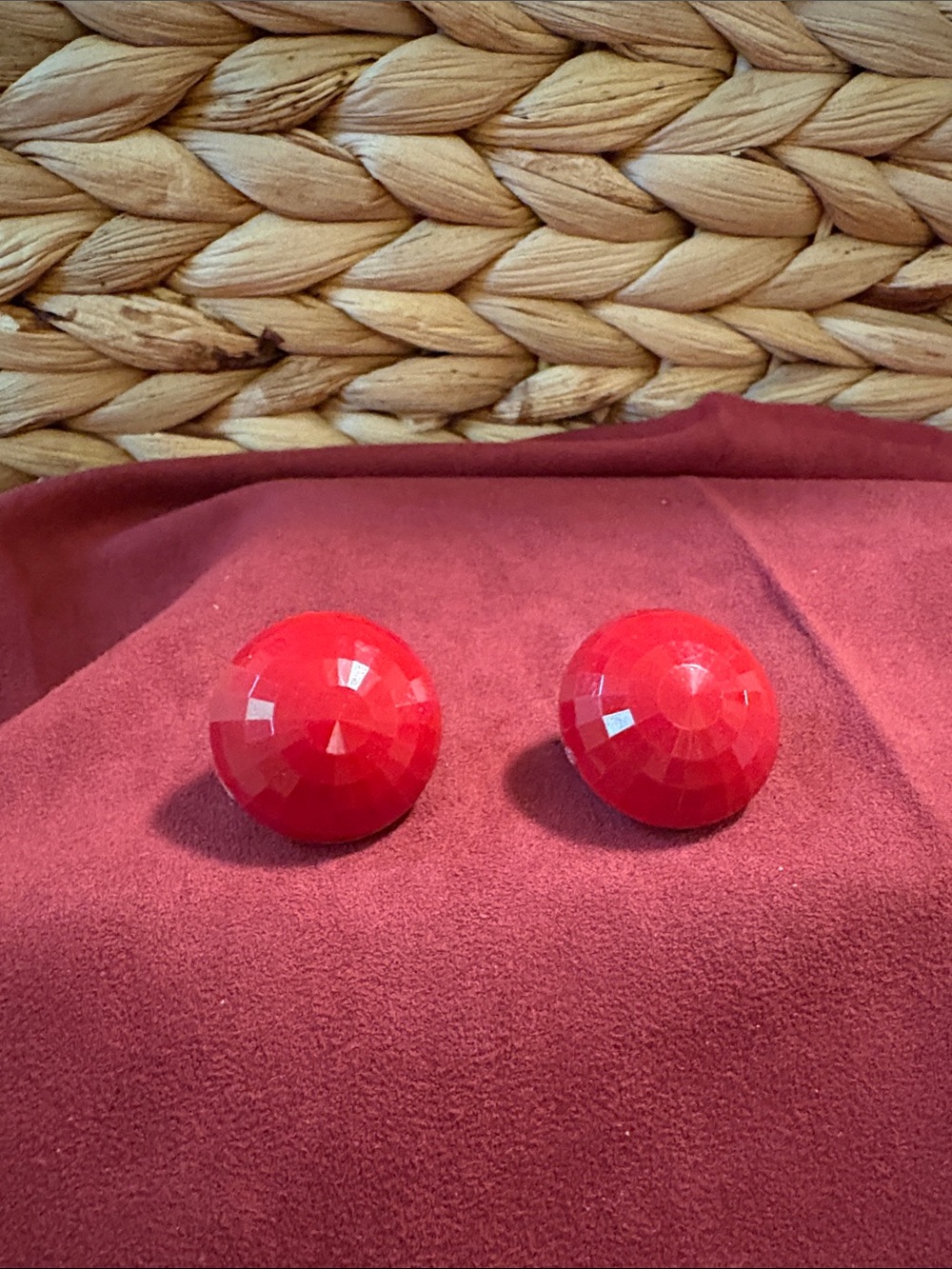 Bold Red Faceted Dome Earrings - Statement Clip Pair